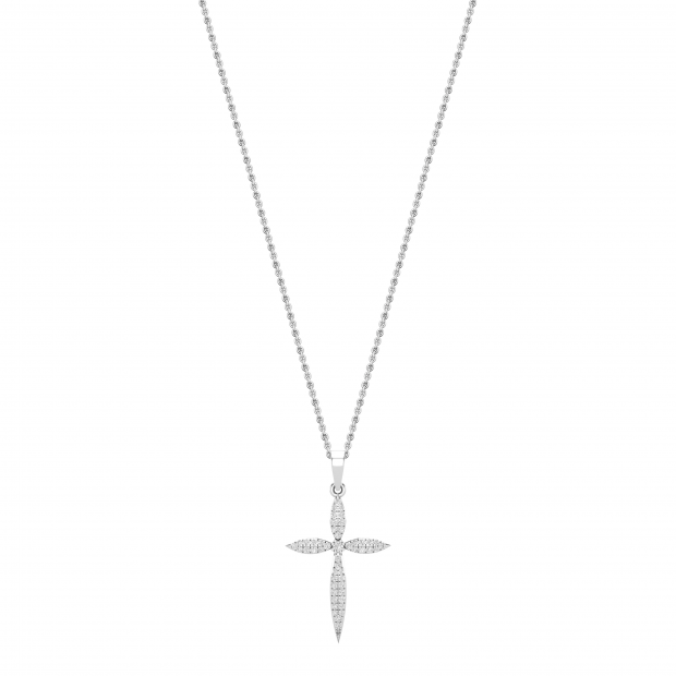 Round Lab Grown White Diamond Encrusted Cross Pendant Pointed Edges with 18 inch Silver Chain for Women (0.24 ctw, Color H-I, Clarity SI2) in 14K White Gold