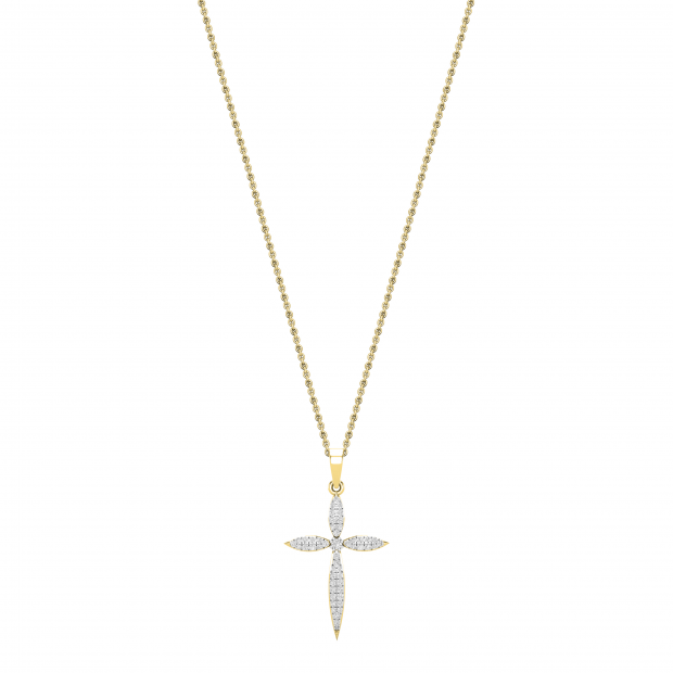 Round Lab Grown White Diamond Encrusted Cross Pendant Pointed Edges with 18 inch Gold Chain for Women (0.24 ctw, Color H-I, Clarity SI2) in 18K Yellow Gold