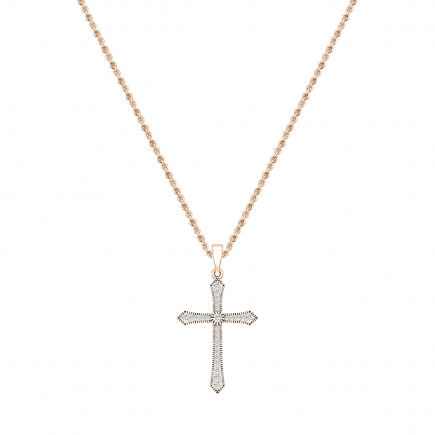 Round Lab Grown White Diamond Miligrain Cross Pendant for Women with 18 inch Gold Chain (0.22 ctw, Color H-I, Clarity SI2) in 18K Rose Gold