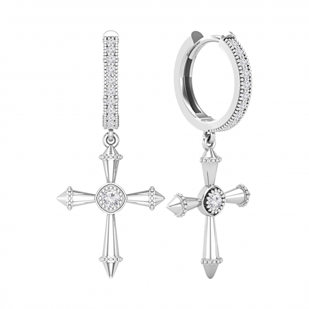 2.5mm Each Centre Round Lab Grown White Diamond Beaded Edge Dangle Cross Unisex Hinged Post Hoop Earrings (0.37 ctw, Color H-I, Clarity SI2) in 925 Sterling Silver