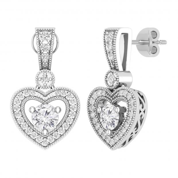 4.5mm Round Lab Grown White Diamond Filigree Groove Sides Heart Shape Milgrain Edged Drops & Dangles Earrings for Her (1.18 ctw H-I Color Clarity SI2) in 10K White Gold in Push Back