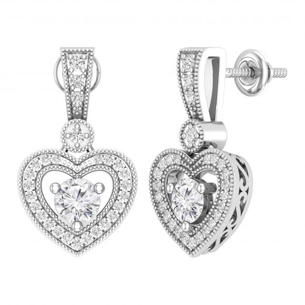 4.5mm Round Lab Grown White Diamond Filigree Groove Sides Heart Shape Milgrain Edged Drops & Dangles Earrings for Her (1.18 ctw H-I Color Clarity SI2) in 925 Sterling Silver in Screw Back