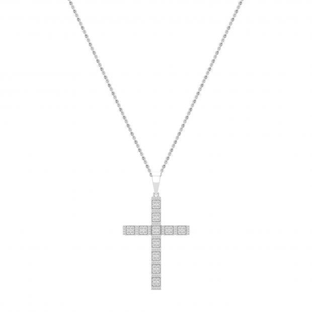 Round Lab Grown White Diamond Square Miligrain Edge Unisex Cross Pendant with 18 inch Gold Chain (1.60 ctw, Color H-I, Clarity SI2) in 10K White Gold