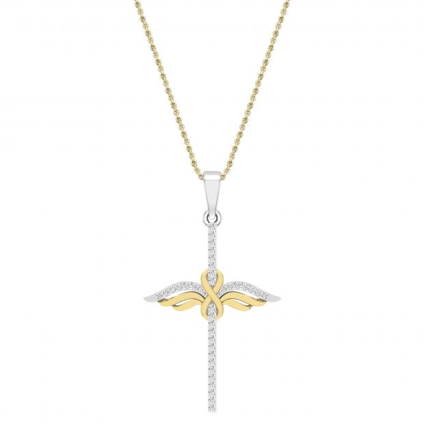 Round Lab Grown White Diamond Infinity Wings Cross Pendant with 18 inch Gold Chain for Women (0.14 ctw, Color H-I, Clarity SI2) in 18K Yellow Gold