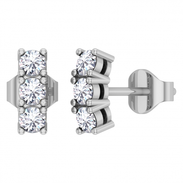 Round Lab Grown White Diamond 3 Stone Stud Earrings for Her (0.56 ctw, Color H-I, Clarity SI2) in 925 Sterling Silver in Push Back