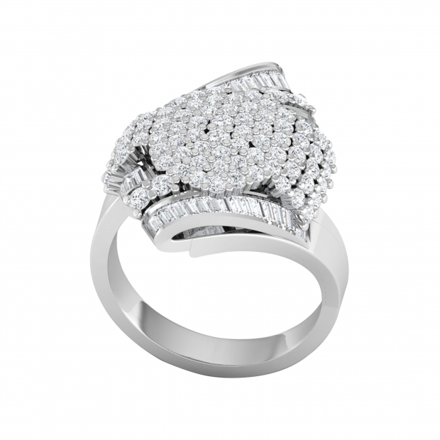 Baguette & Round Lab Grown White Diamond Cluster Style Cocktail Ring for Her (1.48 ctw, Color H-I, Clarity SI2) in 925 Sterling Silver