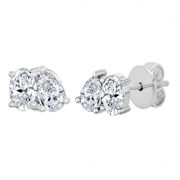 0.50 Cttw Oval & Pear Lab Grown Diamond 2 Stone Stud Earrings, 10K White Gold in Push Back