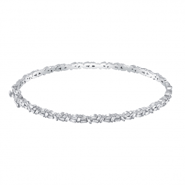 1.10 Carat (ctw) Baguette Lab Grown White Diamond Asymmetrical Bangle Bracelet for Women in 18K White Gold