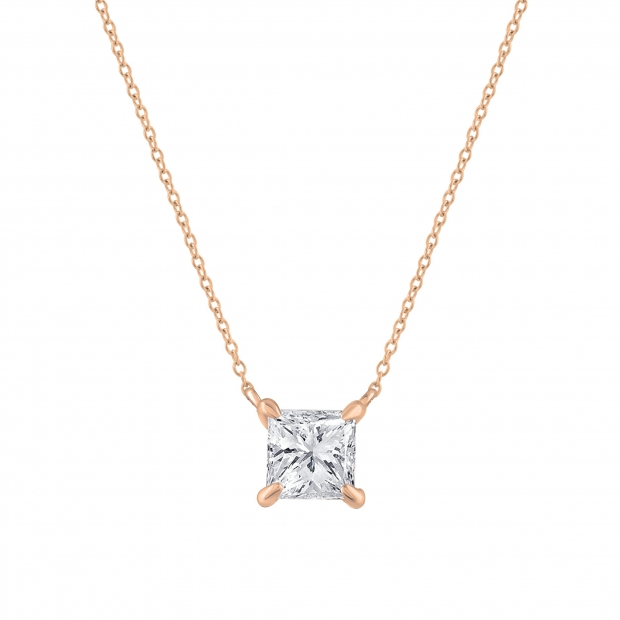 0.50 Ctw Princess Lab Grown Diamond 4 Prong Solitaire Pendant with 18 inch Gold Chain, 18K Rose Gold
