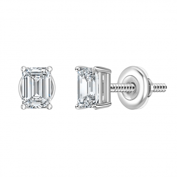 0.25 Ctw Emerald Cut Lab Grown Diamond Solitaire 4 Prong Stud Earrings, 10K White Gold in Screw Back