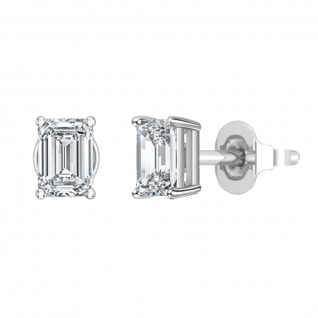 0.50 Ctw Emerald Cut Lab Grown Diamond Solitaire 4 Prong Stud Earrings, 10K White Gold in Push Back
