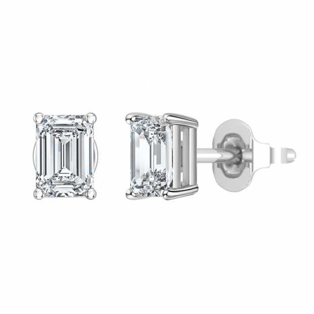 0.75 Ctw Emerald Cut Lab Grown Diamond Solitaire 4 Prong Stud Earrings, 10K White Gold in Push Back
