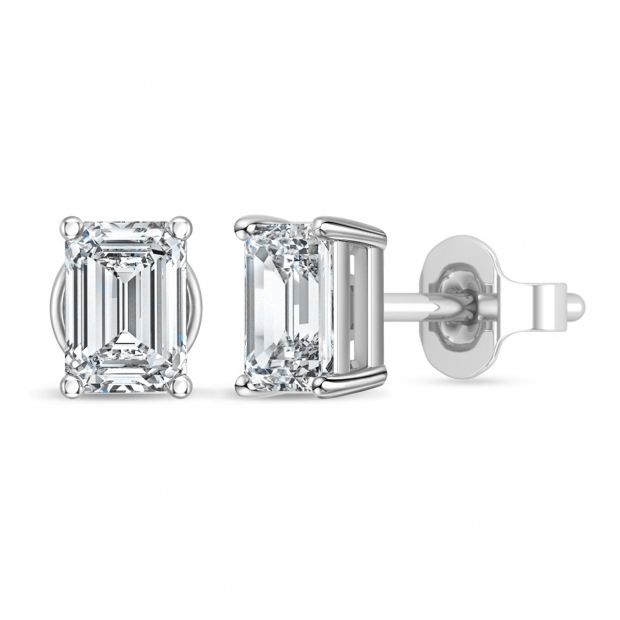 IGI Certified 1.00 Ctw Emerald Cut Lab Grown Diamond Solitaire 4 Prong Stud Earrings, 10K White Gold in Push Back