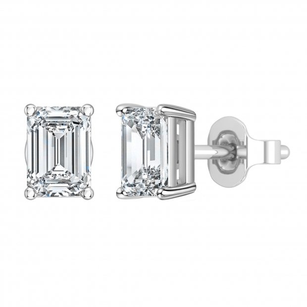 IGI Certified 1.50 Ctw Emerald Cut Lab Grown Diamond Solitaire 4 Prong Stud Earrings, 10K White Gold in Push Back