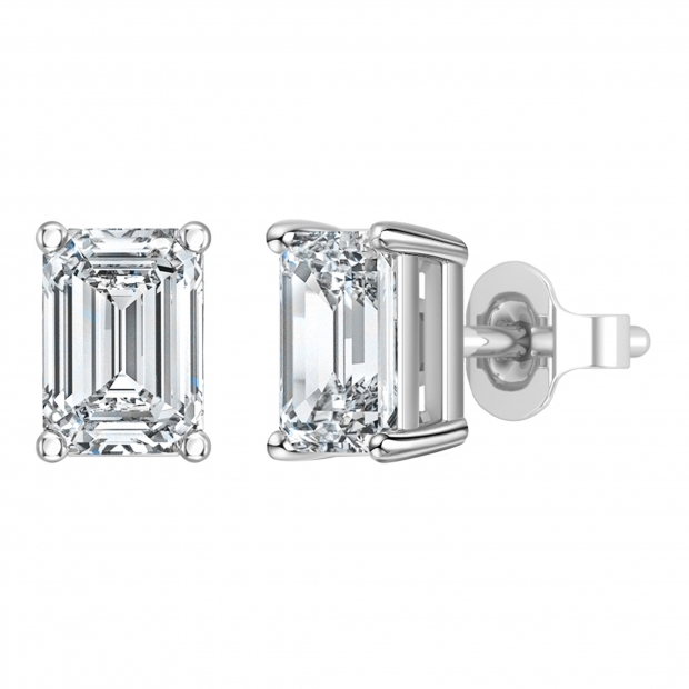 IGI Certified 2.50 Ctw Emerald Cut Lab Grown Diamond Solitaire 4 Prong Stud Earrings, 10K White Gold in Push Back