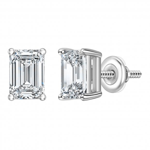 IGI Certified 2.50 Ctw Emerald Cut Lab Grown Diamond Solitaire 4 Prong Stud Earrings, 10K White Gold in Screw Back