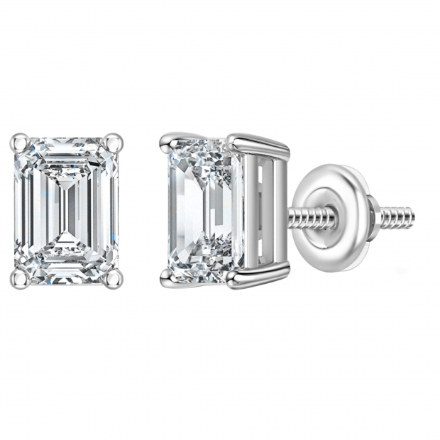 IGI Certified 3.00 Ctw Emerald Cut Lab Grown Diamond Solitaire 4 Prong Stud Earrings, 10K White Gold in Screw Back