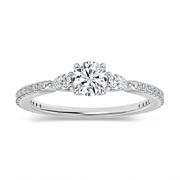 Three Stone Studded Shank Engagement Ring, 0.53 Cttw Lab Grown Diamond in 925 Sterling Silver