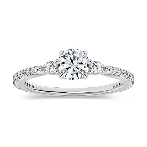 Three Stone Studded Shank Engagement Ring, 0.78 Cttw Lab Grown Diamond in 925 Sterling Silver