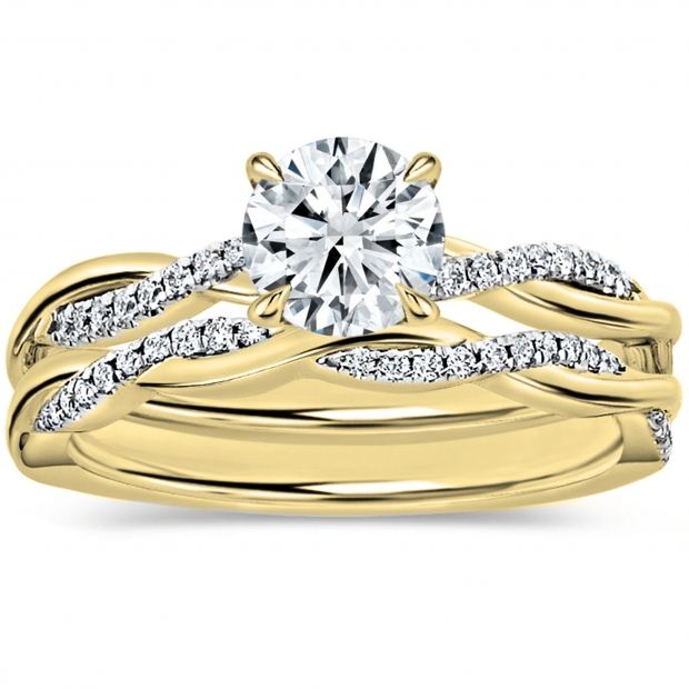 10K Yellow Gold Twisted Bridal Ring Set, IGI Certified 0.99 Ctw Round Lab Grown Diamond