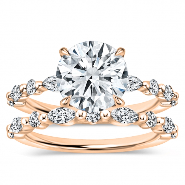 10K Rose Gold Metal Beaded Ring Set, IGI Certified 2.00 ctw Round & Marquise Lab Grown Diamond