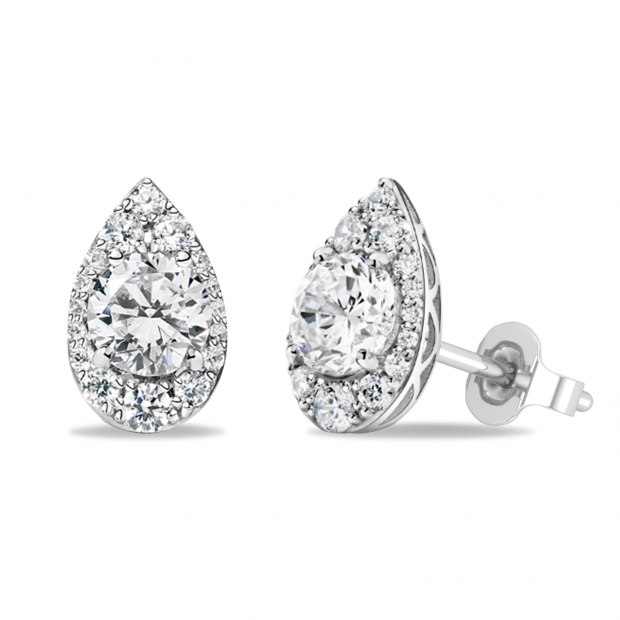 Pear Shape Cluster Halo Push Back Stud Earrings, 0.94 ctw Round Lab Grown Diamond in 925 Sterling Silver