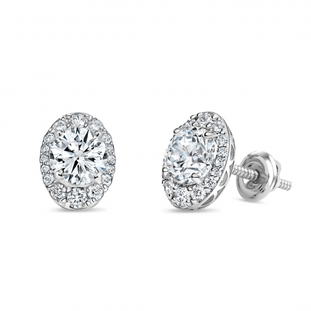IGI Certified 925 Sterling Silver Oval Filigree Framed Stud Earrings, 1.34 Ctw Round Lab Grown Diamond, Screw Back