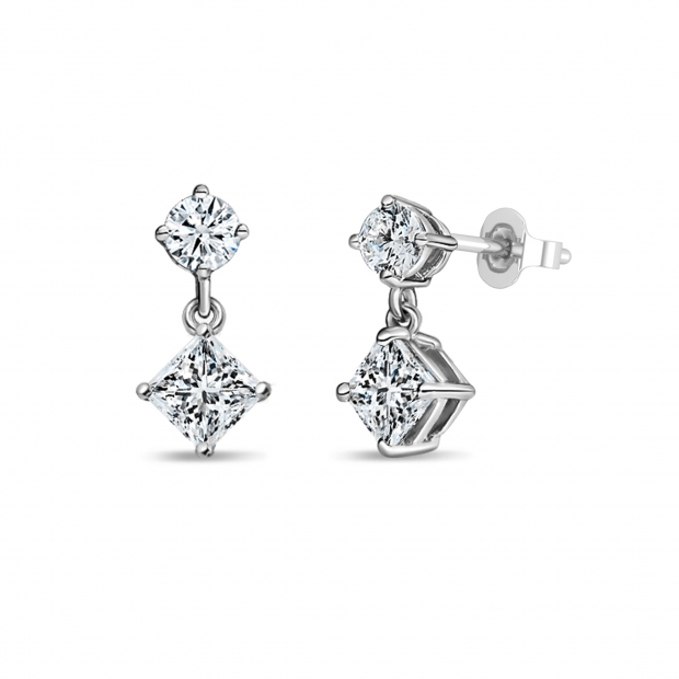 0.50 Ctw Princess & 0.18 Ctw Round Lab Grown Diamond Minimalist Drop Earrings for Her in 10K White Gold in Push Back