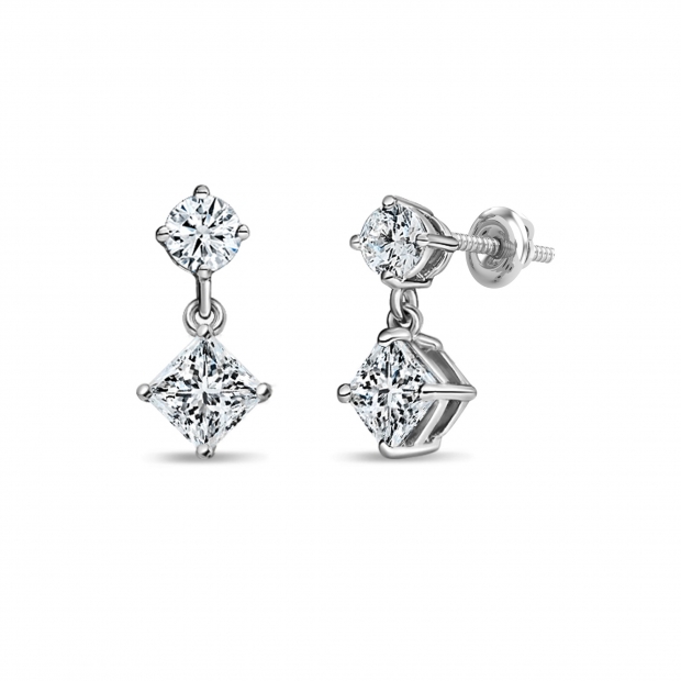 0.50 Ctw Princess & 0.18 Ctw Round Lab Grown Diamond Minimalist Drop Earrings for Her in 10K White Gold in Screw Back