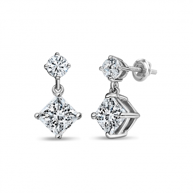 IGI Certified 1.00 Ctw Princess & 0.18 Ctw Round Lab Grown Diamond Minimalist Drop Earrings for Her in 10K White Gold in Screw Back