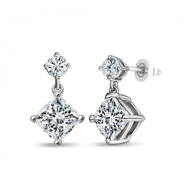 IGI Certified 1.50 Ctw Princess & 0.18 Ctw Round Lab Grown Diamond Minimalist Drop Earrings for Her in 10K White Gold in Screw Back