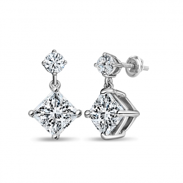 IGI Certified 2.00 Ctw Princess & 0.18 Ctw Round Lab Grown Diamond Minimalist Drop Earrings for Her in 10K White Gold in Screw Back