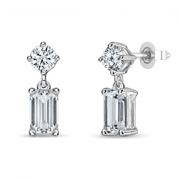 925 Sterling Silver Drop Earrings, 0.75 ctw Emerald & Round Lab Grown Diamond in Push Back