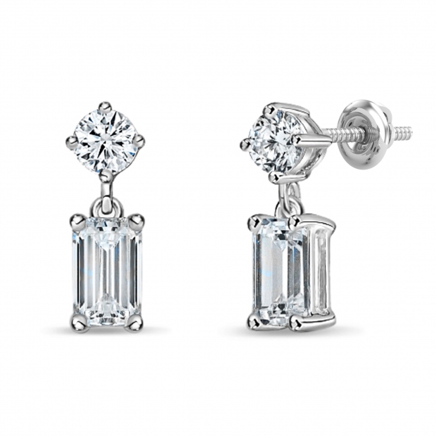 925 Sterling Silver Drop Earrings, 0.75 ctw Emerald & Round Lab Grown Diamond in Screw Back