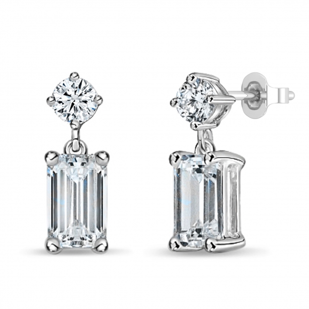 925 Sterling Silver Drop Earrings, IGI Certified 1.00 ctw Emerald & Round Lab Grown Diamond in Push Back