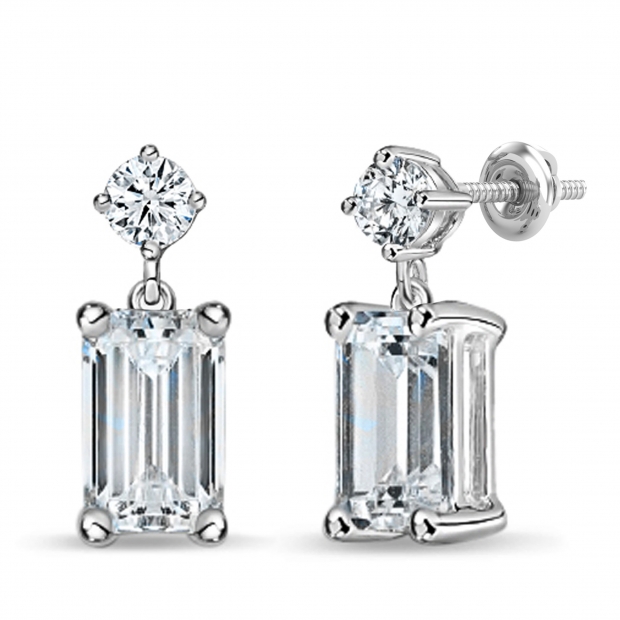 925 Sterling Silver Drop Earrings, IGI Certified 2.00 ctw Emerald & Round Lab Grown Diamond in Screw Back