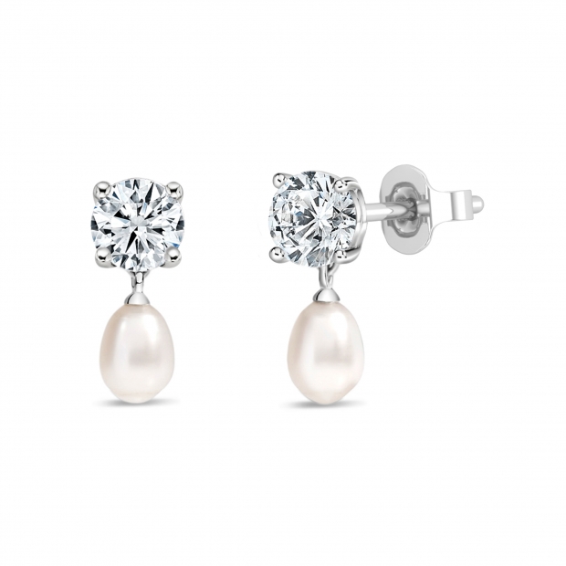 10K White Gold Drop Earrings, 6x4mm Cultured Freshwater Pearl & 0.75 CT Round Lab Grown Diamond in Push Back