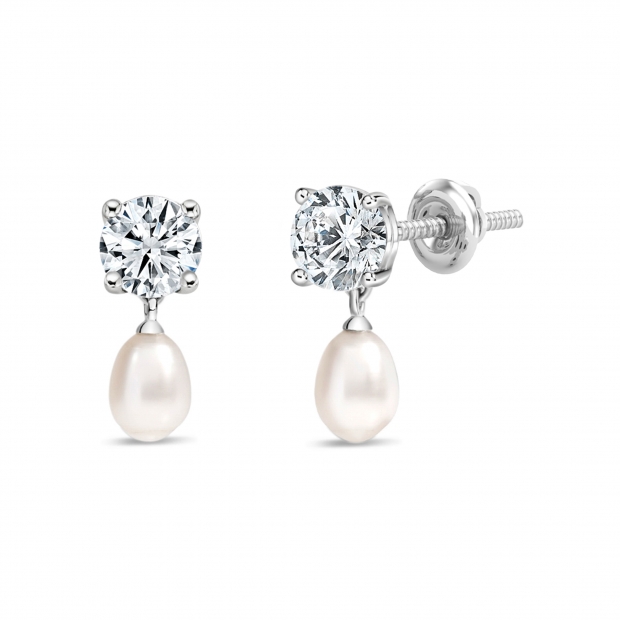 10K White Gold Drop Earrings, 6x4mm Cultured Freshwater Pearl & 0.75 CT Round Lab Grown Diamond in Screw Back