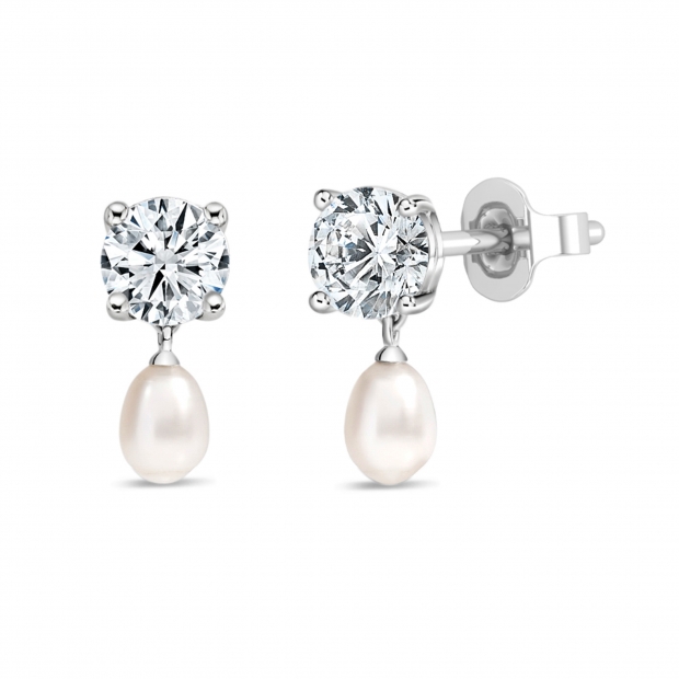 10K White Gold IGI Certified Drop Earrings, 6x4mm Cultured Freshwater Pearl & 1.00 CT Round Lab Grown Diamond in Push Back