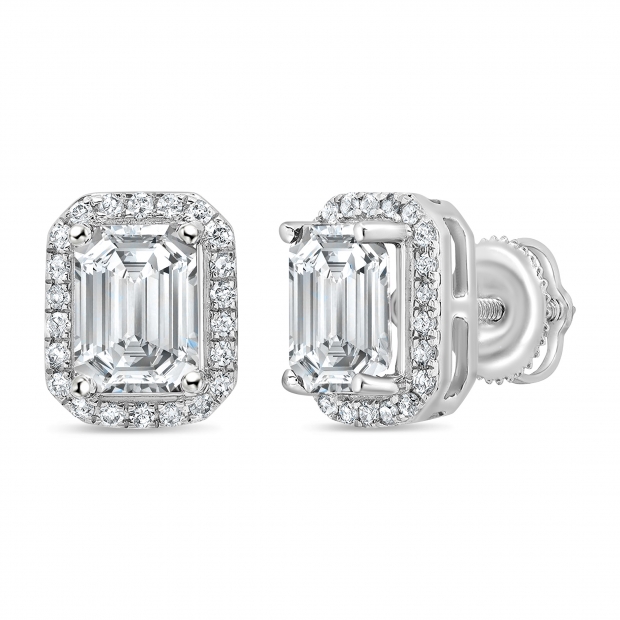 IGI Certified 2.30 Cttw Emerald & Round Lab Grown Diamond Halo Stud Earrings for Her ,10K White Gold in Screw Back