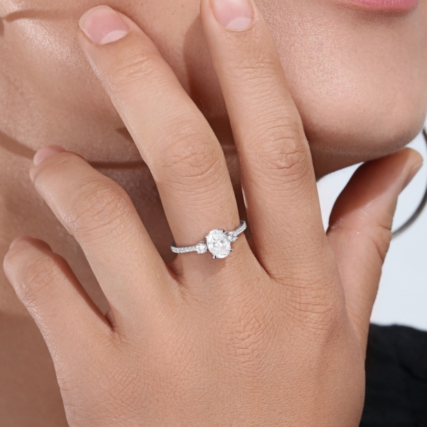 10K White Gold Three Stone Anniversary Ring for Women with 0.75 ctwOval (0.50 ct) & Round (0.25 ct) Lab Grown White Diamond