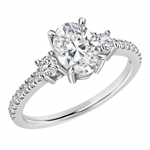 10K White Gold Three Stone Anniversary Ring for Women with 0.75 ctw,Oval (0.50 ct) & Round (0.25 ct) Lab Grown White Diamond