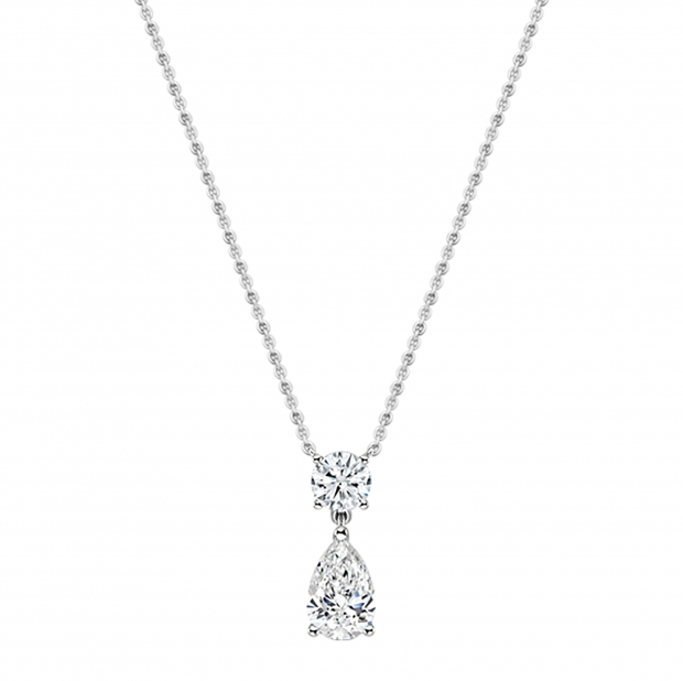 IGI Certified 10K White Gold Two Stone Dangling Pendant with 18 inch Gold Chain for Women with 2.20 cttw Pear & Round Lab-Grown White Diamond