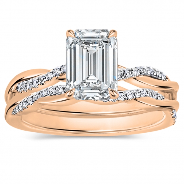 10K Rose Gold Interwined Solitaire Ring Set, IGI Certified 1.75 Ctw Lab-Grown Emerald & Round Diamonds