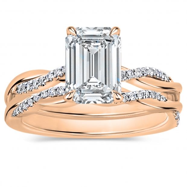 10K Rose Gold Interwined Solitaire Ring Set, IGI Certified 2.25 Ctw Lab-Grown Emerald & Round Diamonds