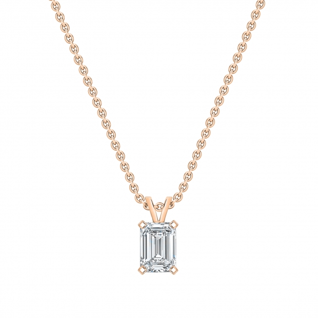 IGI Certified 1.50 Cttw Emerald Solitaire Lab Grown Diamond 4 Prong Pendant with 18 inch Gold Chain, 18K Solid Rose Gold