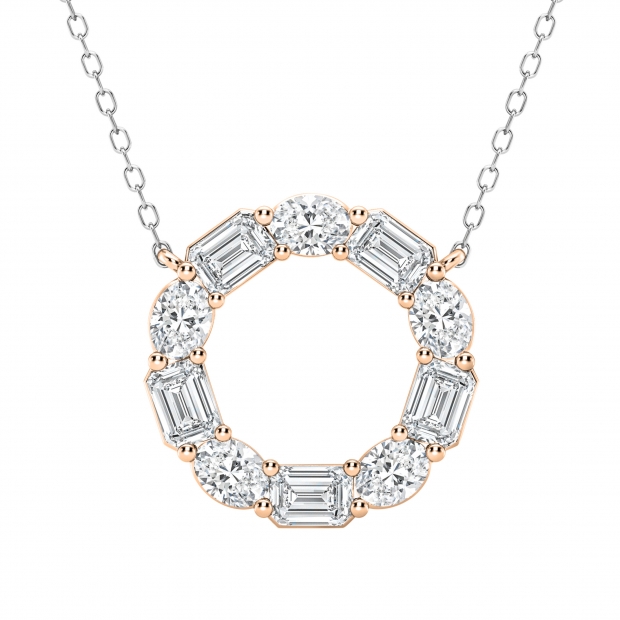 3 Cttw Emerald & Oval Alternate Lab Grown Diamond Circle Pendant with 18 inch Silver Chain, 18K Rose Gold