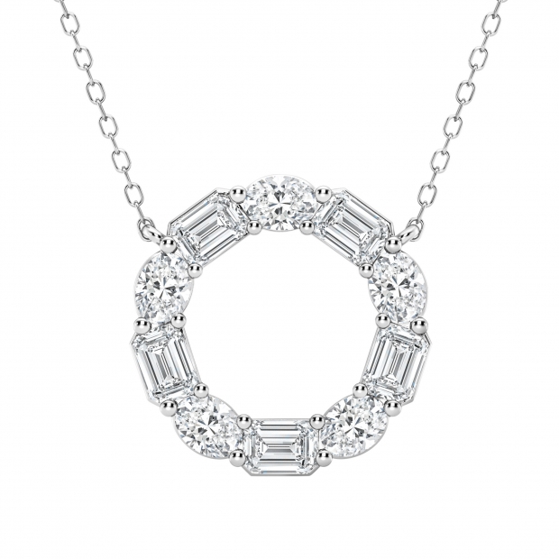 3 Cttw Emerald & Oval Alternate Lab Grown Diamond Circle Pendant with 18 inch Gold Chain, 10K White Gold