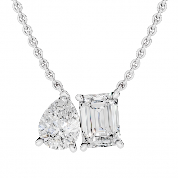 IGI Certified 10K Solid Gold Two Stone Pendant Necklace for Women with 18 inch Gold Chain 2.16 cttw, Emerald (1.20 ct) & Pear (0.96 ct) Lab Grown White Diamond