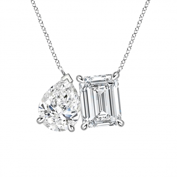 IGI Certified 10K Solid Gold Two Stone Pendant Necklace for Women with 18 inch Gold Chain 3.75 cttw, Emerald (2.00 ct) & Pear (1.75 ct) Lab Grown White Diamond 